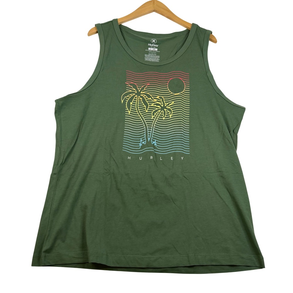 Hurley Mens Graphic Tank Top Duck Green Palm Tree Sunset Cotton Large NEW